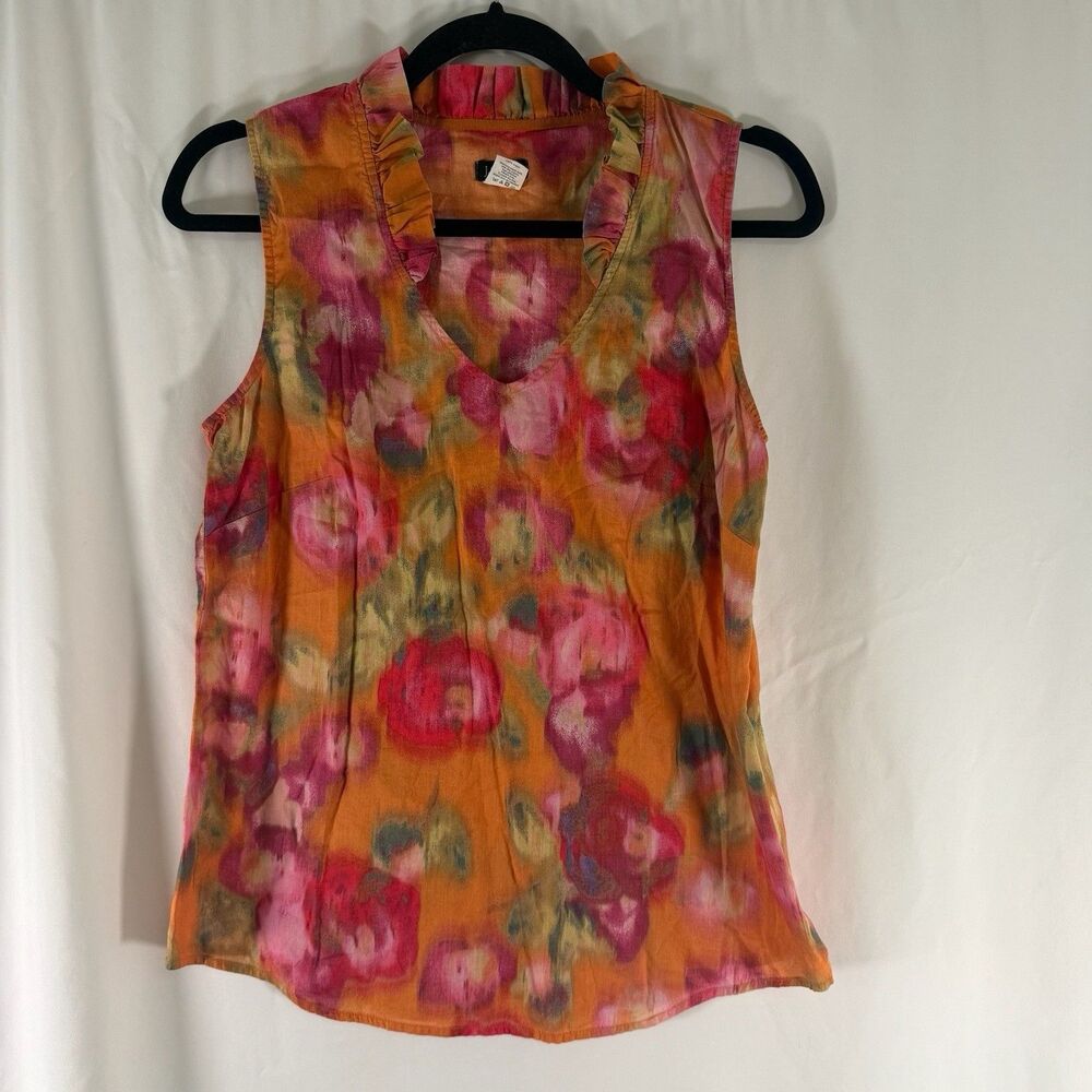 J. Crew Tank Top Women's 6 Orange Pink Floral Vneck Sleeveless Lightweight